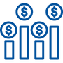 bar graph with dollar coins blue icon